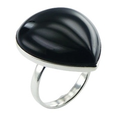 Smooth Pear Shaped Black Agate Cabochon Silver Ring