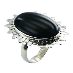 Black Agate Gemstone Oval Flower Ring Ornate 925 Silver by BeYindi
