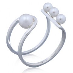Open Double Band Imitation Pearl Silver Ring