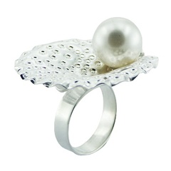 Sterling Silver Pearl Ring Ornate Shell Swarovski Crystal Pearl