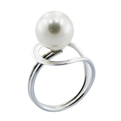 Silver Swarovski Pearl Designer Ring Creamy Luster In Loop