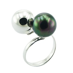 Open Fine Silver Ring Pearly Shimmer & Shiny Silver Spheres