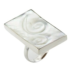 Rectangular Carved Twirls Mother of Pearl Ring Silver