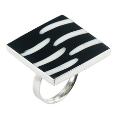 Trendy Black & White Resin Sterling Silver Ring