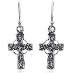 Ornate Sterling Silver Irish Celtic Cross Dangle Earrings