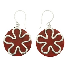 Round Coral Dangle Earrings Sterling Silver Flower Outline