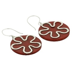 Round Coral Dangle Earrings Sterling Silver Flower Outline 