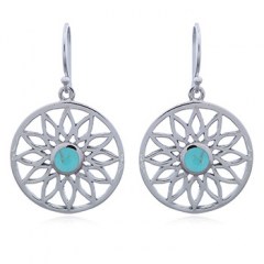 Round Silver Flower Earrings with Howlite Turquoise by BeYindi