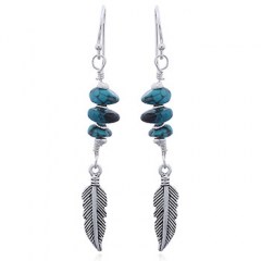 Silver Feather and Turquoise Dangle Earrings