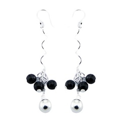 Silver Gemstone Earrings Black Agate & Silver Shiny Spheres