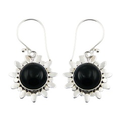 Black Agate Flowers Handmade Sterling Silver Dangle Earrings