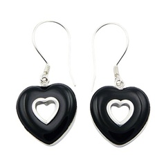 Open Heart in Heart Black Agate Gems 925 Silver Dangle Earrings