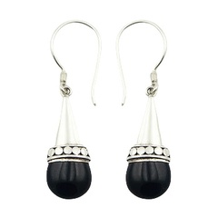Black Agate Glossy Droplets 925 Silver Handmade Bali Earrings