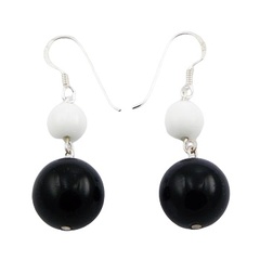 Black & White Agate Spheres 925 Sterling Silver Dangle Earrings