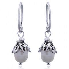 Pearl with Silver Leaf Crown Dangle Earrings