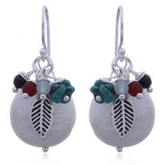 Bejeweled Silver and Off Round Pearl Earrings