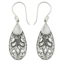 Antiqued 925 Silver Mother of Pearl Dangle Earrings Feather Decor