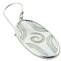 Oval Mother Of Pearl Earrings Engraved Pattern Silver Frame by BeYindi 3