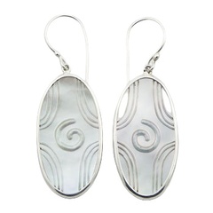 Oval Mother Of Pearl Earrings Engraved Pattern Silver Frame by BeYindi