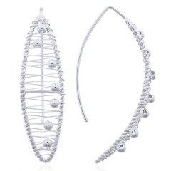 Spinning Balls In Wire Closed Up Marquise Rhodium Plated Drop Earrings