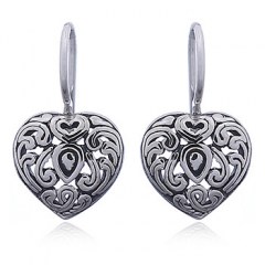 Antiqued Silver Heart Drop Earrings Inverted Teardrop