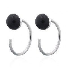 Black Agate Circle 925 Silver Huggie Earrings