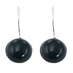 Silver Black Agate Drop Earrings Glossy Semi-spheres