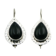 Silver Surround Hammered Effect Black Agate Earrings