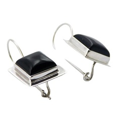 Stylish Square Black Agate Sterling Silver Drop Earrings