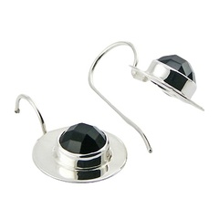 Petite Silver Drop Earrings Round Faceted Black Agate