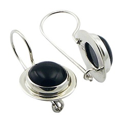 Round 925 Silver Black Agate Earrings With Flange