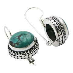 Round Turquoise Ornate Silver Border Drop Earrings
