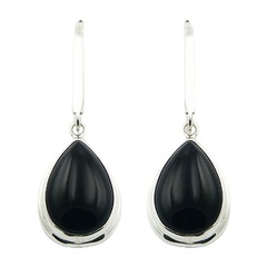 Black Agate Gemstone Pear Cut Silver Drop Earrings