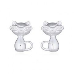 Kitty With Glasses Wear On Silver Plated Stud Earrings