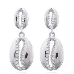 Double Hanging Cowrie Shells Silver Stud Earrings