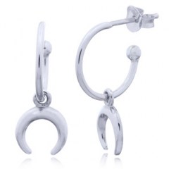 Crescent Moon Hanging Silver Hook Stud Earrings