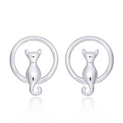 Lonely Kitty In Crescent Moon Silver Stud Earrings by BeYindi