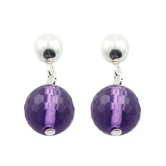 925 Silver Ear Stud Earrings Purple Glass Crystal Spheres