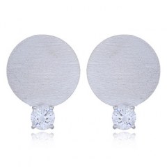Brushed Silver Plated Disc CZ Stud Earrings