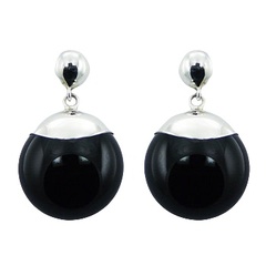 Fashionable Round Black Agate Sterling Silver Stud Earrings