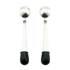Black Agate Droplet Earrings On Convexed 925 Silver Disc Post