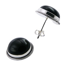 Semi-Sphere Stud Earrings Black Agate Ornate Sterling Silver