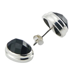 Black Agate Gemstone Silver Stud Earrings Faceted Ovals