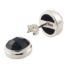 Faceted Round Black Agate Sterling Silver Stud Earrings