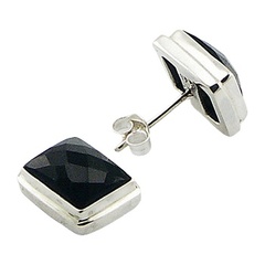 Rectangular Cut Faceted Black Agate 925 Silver Stud Earrings