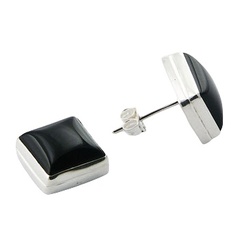 Square Black Agate Cabochons Sterling Silver Ear Studs