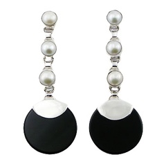 Freshwater Pearls Black Agate Disc 925 Silver Stud Earrings