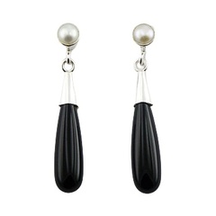 Black Agate Droplet Ear Studs Freshwater Pearls 925 Silver