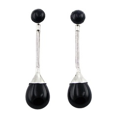 Black Agate Drops On Snake Chain Ear Studs Sterling Silver
