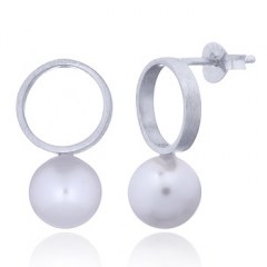Silver Plated Open Circle & Pearl Studs Brushed Finish by BeYindi 